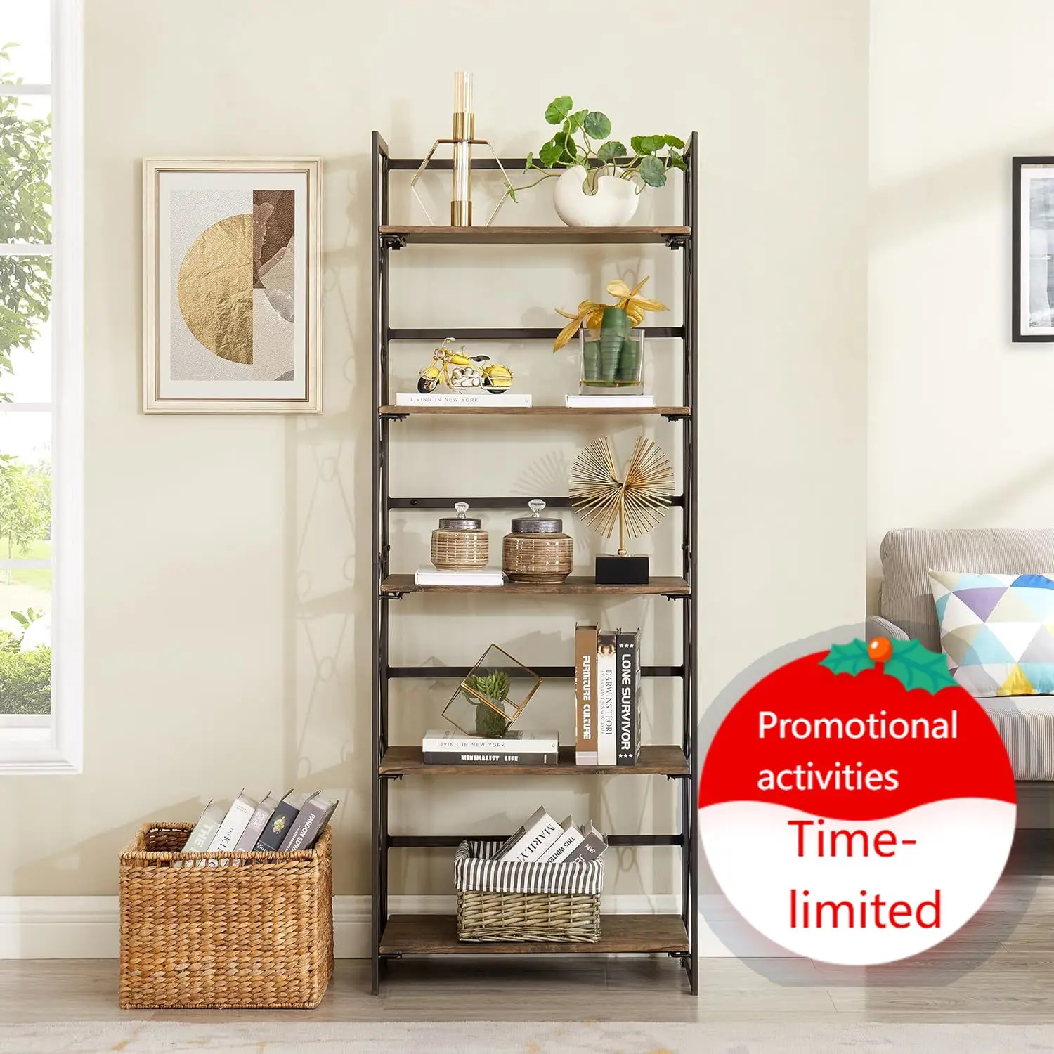 

VECELO Folding Bookshelf, 5 Shelf Folding Bookcase No Assembly, Industrial Metal Freestanding Shelves Rack Organizer for Living