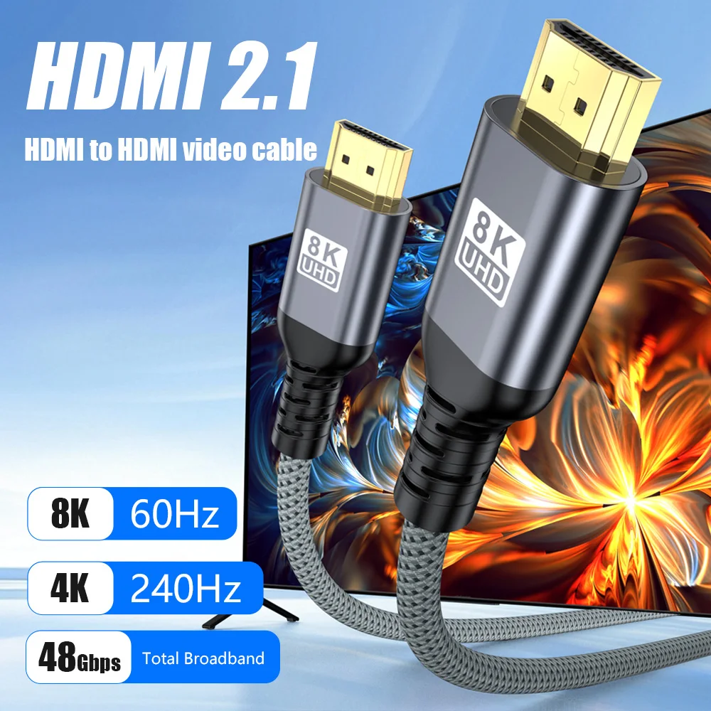 8K 60Hz HDMI 2.1 Cable 4K 240 48Gbps Video Cable Dynamic HDR/eARC/HDCP 2.3 For PS4 PS5 Xbox PC Laptop TV Box 1/2/3/5/7/10M