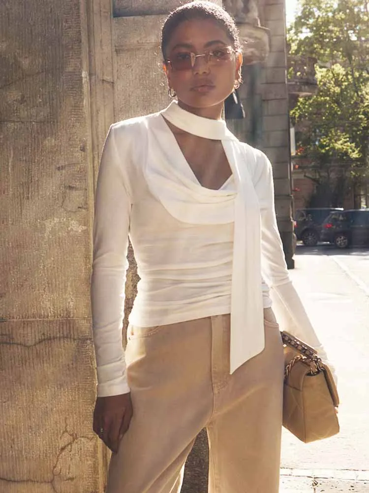 MCDV-Camiseta de manga larga con cuello oscilante para mujer, elegante bufanda lisa con cinta, Top fruncido ajustado, camisetas básicas de calle para otoño 2025