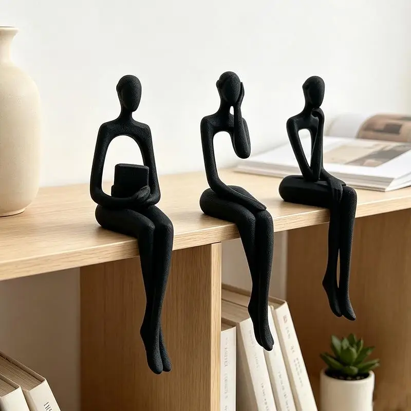 3Pcs 3D Printed Minimalist Thinking Human Sculpture Abstract Edge Sitter for Office Shelf Art Decor