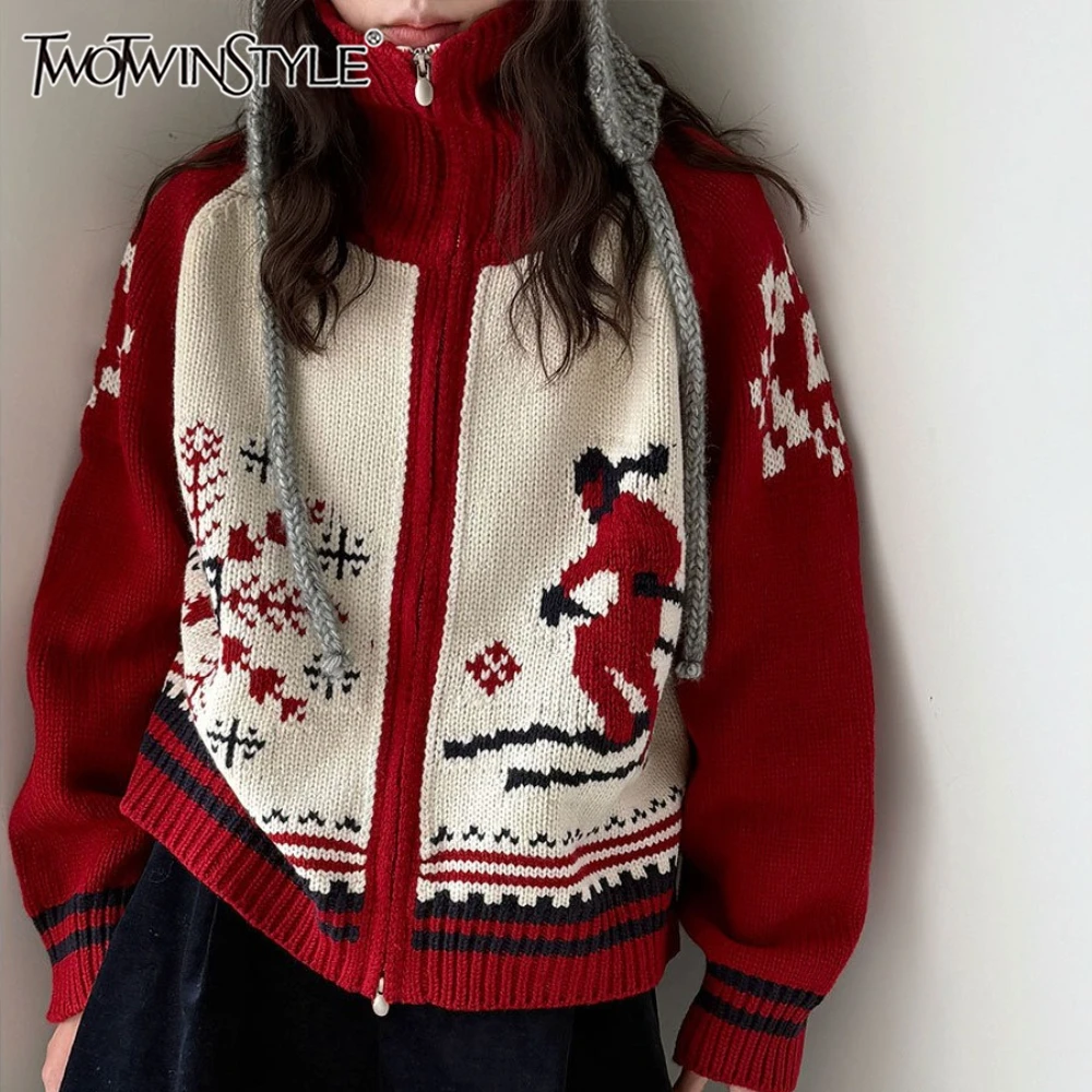 

TWOTWINSTYLE однотонный жаккардовый свитер, женская водолазка с длинным рукавом, свободные повседневные женские свитера в стиле ретро, осенняя мода, новинка