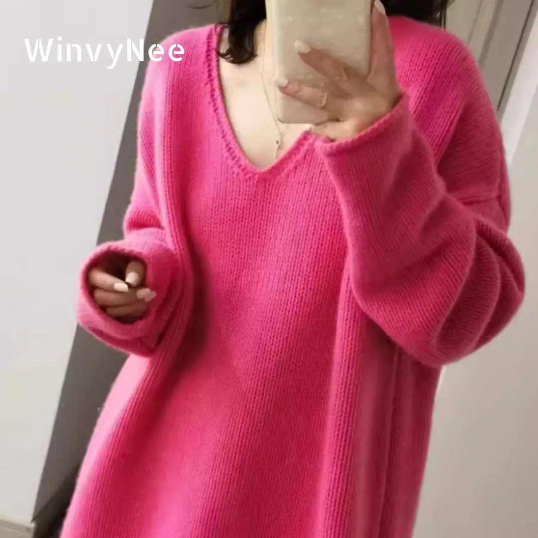 

WinvyNee Winter Women Clothing Wool Rose Red Long Sweaters V Neck Casual Loose Outerwears Knitted Pullovers Plus Size A1283004A