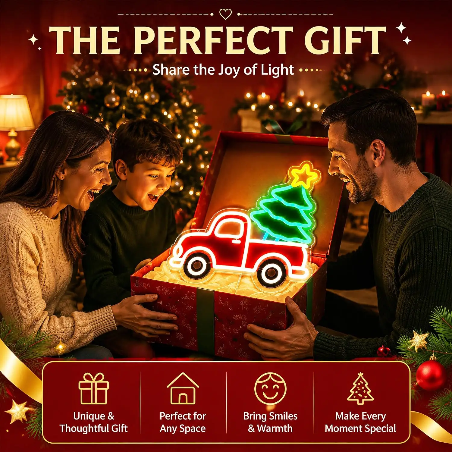 Christmas Tree Neon Sign LED Neon Light, USB Vintage Pickup Truck Neon Lamp for Christmas Party Home Window Bar Decoration Gift