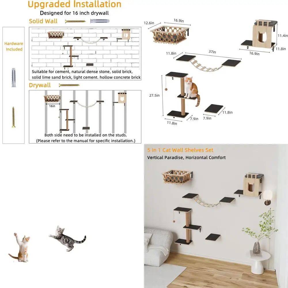 Gray 5-in-1 Wall Cat Furniture with Hammock, Condo, Bridge, Ladder & Steps for Indoor Cats