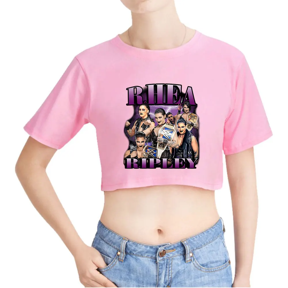 Rhea Ripley Vintage Crop Top z lat 90. z odkrytym pępkiem, zabawny T-shirt oversize z okrągłym dekoltem, top damski