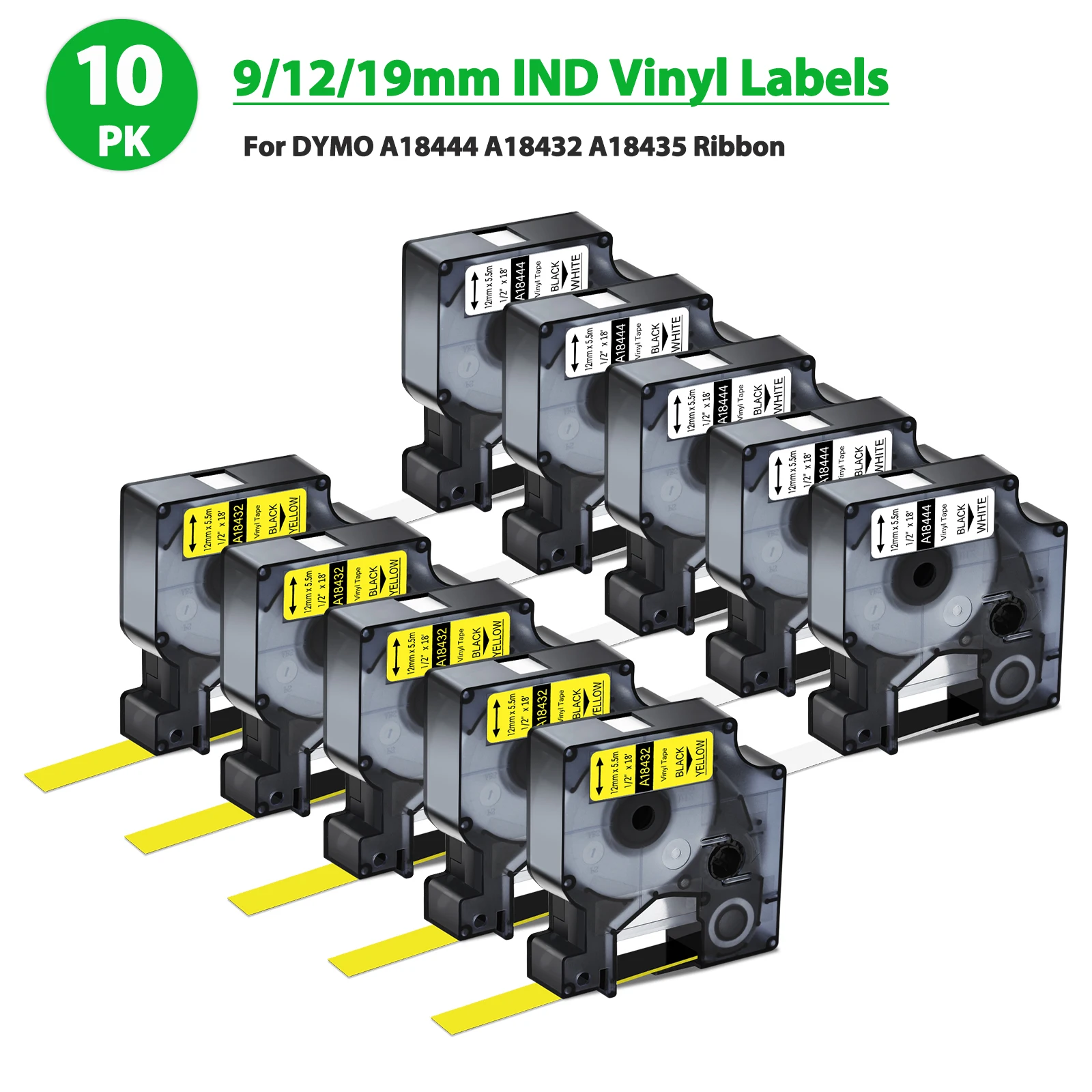 

3-10PK Durable IND Vinyl Labels for Dymo A18444 A18432 18435 9/12/19mm Label Tape for DYMO Rhino 1000 3000 4200 Label Printer