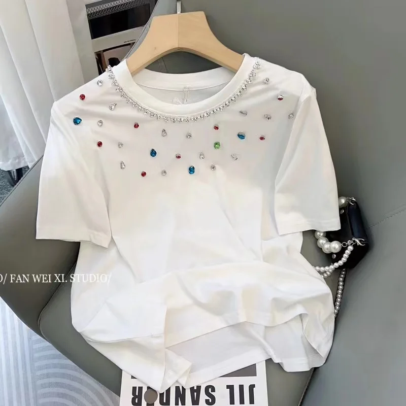 Luxury Colorful Rhinestones Short Sleeve Modal Cotton Tshirt For Women Summmer Slim T Shirt Tops Tees Korean Popular Clothes