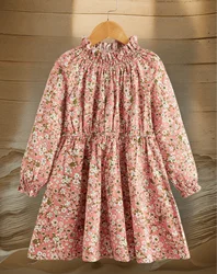 Spring and autumn foreign style girl elastic ear edge in the collar small flower sweet little shu fresh long-sleeved dress