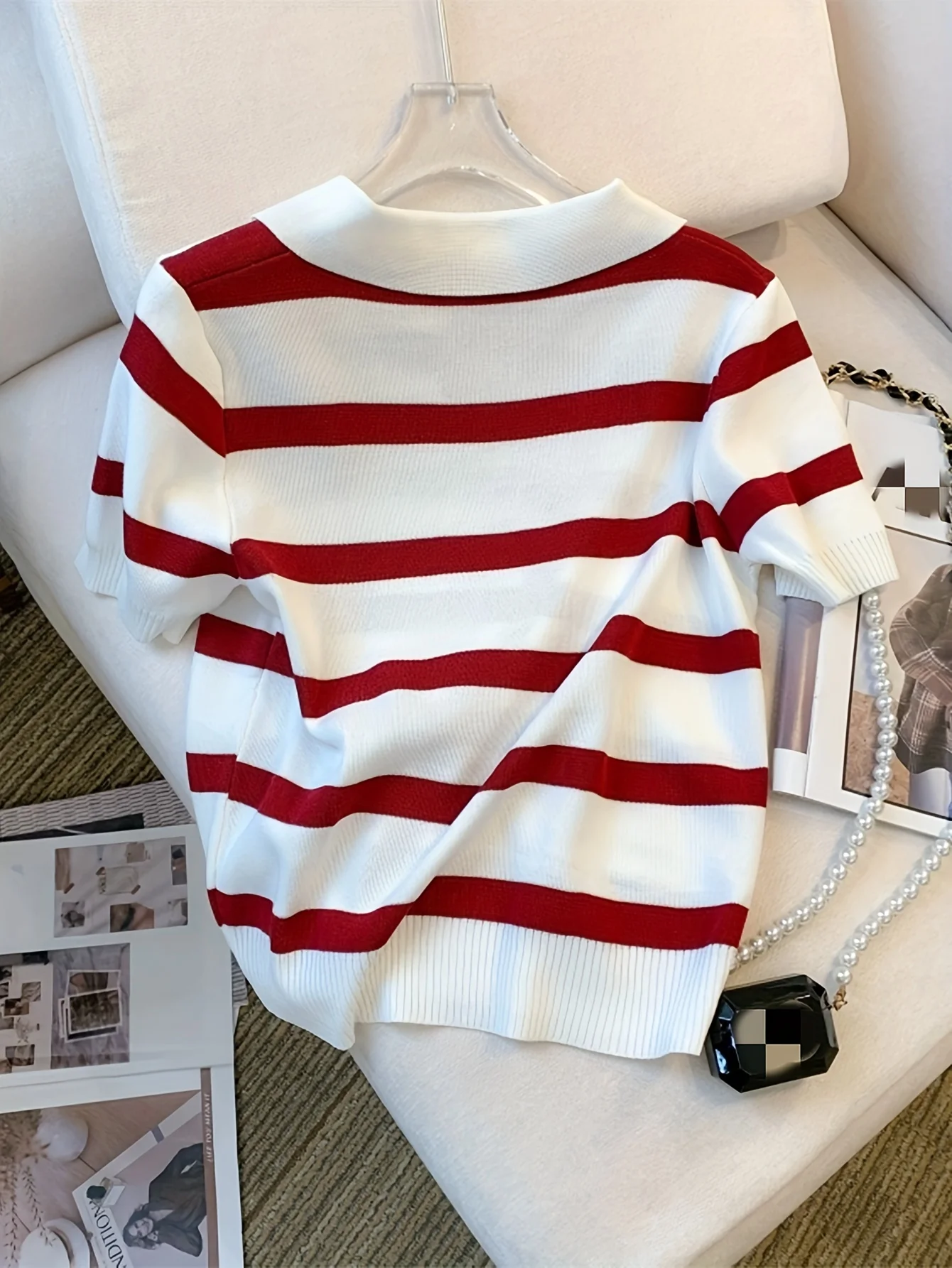 2024 New Striped Pattern Collared Sweater Versatile Short Sleeve Knitted Top For Spring & Summer Women\'s Clothing Crop Top