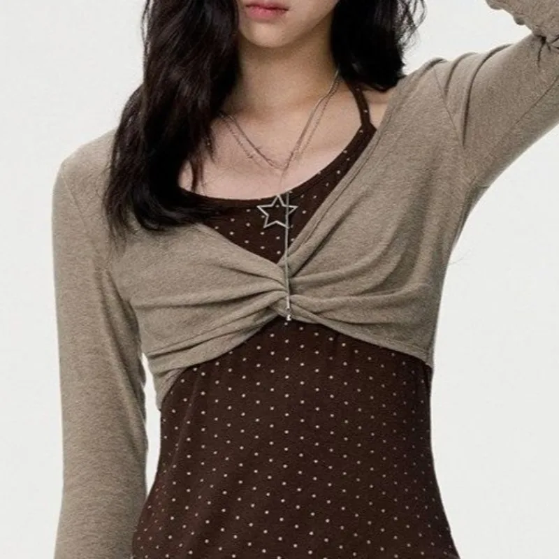 Kimutomo Women T Shirts Long Sleeve Patchwork Fake Two Piece Polka Dot Vintage Y2k Aesthetic Tops Autumn 2026 Fashion Casual - view 5