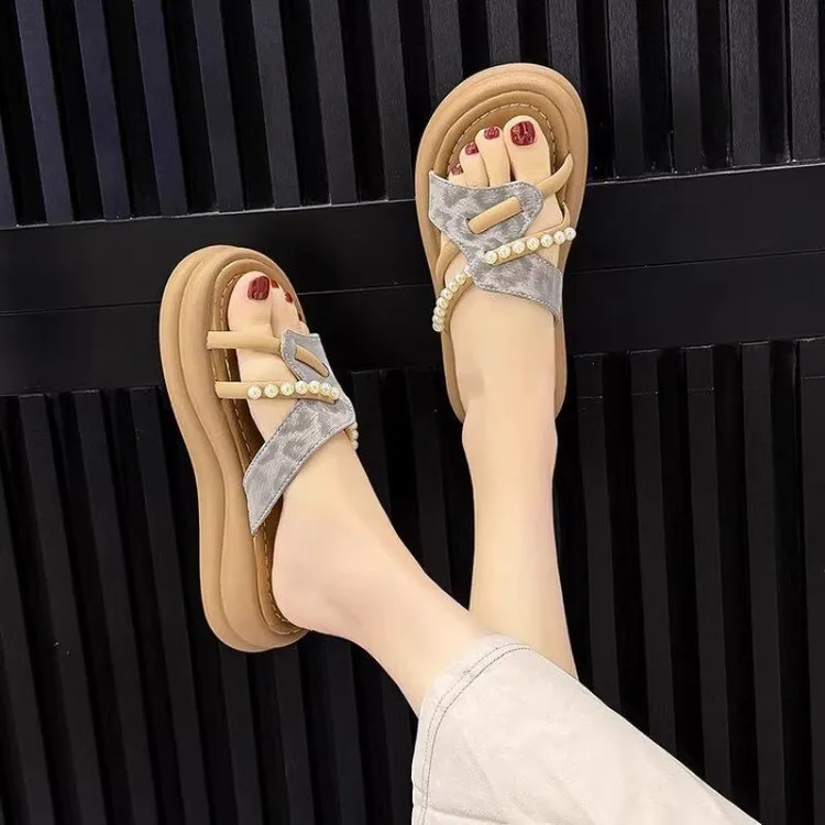 Light Green Jacquard Pearl Decor Platform Flip Flops Women Cross Strap Thick Sole Slide Thong Sandals
