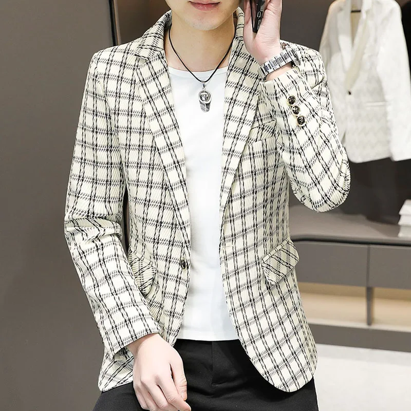 

HOO 2024 Men's Autumn Plaid Printed blazer Youth Slim Fit Fashion and Handsome blazers