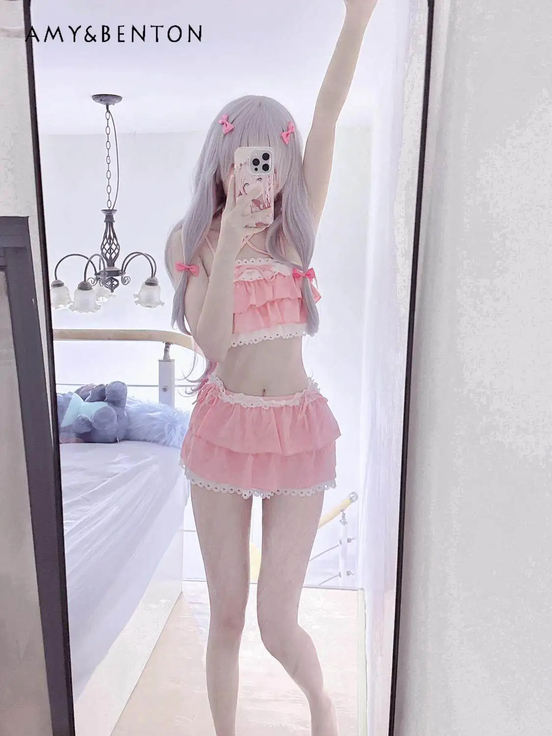 

Cute Pink Swimsuit Female Sweet Girl Multi-layer Suspender Top Mini Skirt Split Swimsuit Women Summer New Lolita Style Bikini