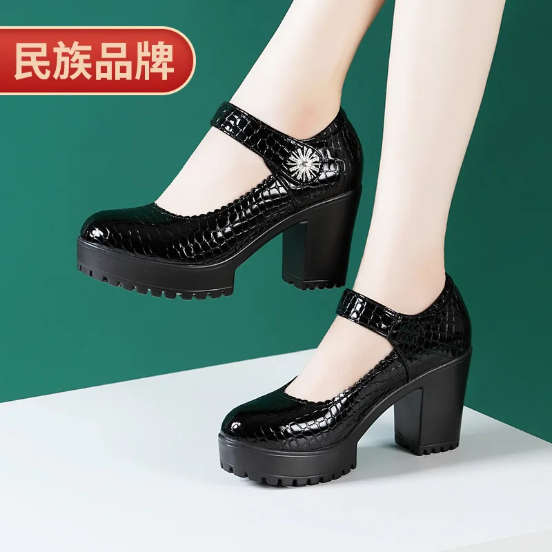 Small Size 32 33 34 Block Heel Platform Shoes with 8CM 2023 Fall Winter Genuine Leather High Heels Pumps Women Office Elegant