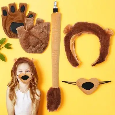 

1 set 1 Set Lion Costume Accessories Complete Kit Ear Headband Nose Tail Paws Gloves For Halloween Animal Party Cosplay Dress Up