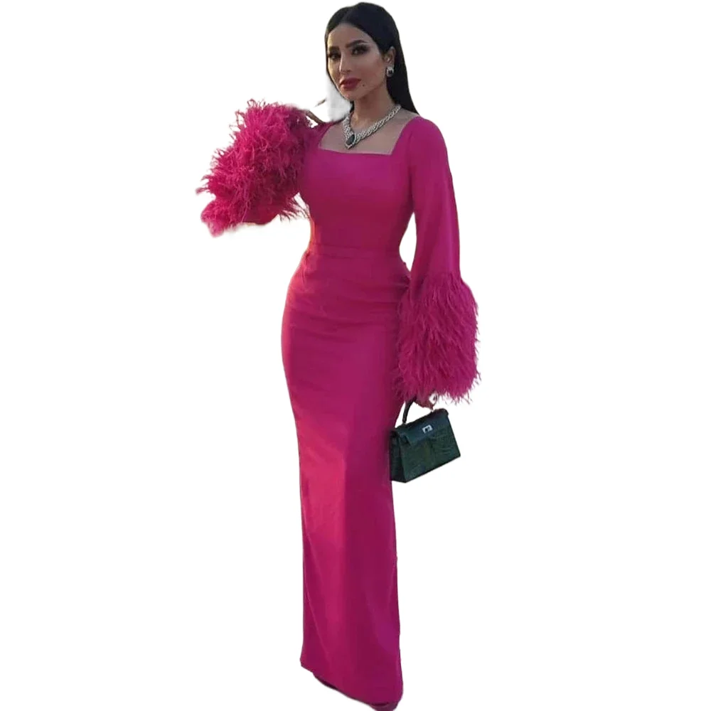 Rose Red Square Neck Formal Occasion Dress Long Sleeve Feather Elegant and Moving Mermaid Evening Dress For Women فساتين السهرة