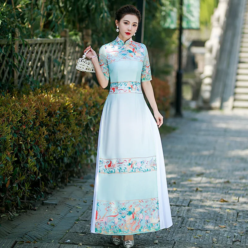 Model Show Ao Dai Qipao Cheongsam eleganckie kobiety w stylu chińskim wieczorowe sukienki ceremonialne Plus paw kostiumy taneczne Performe