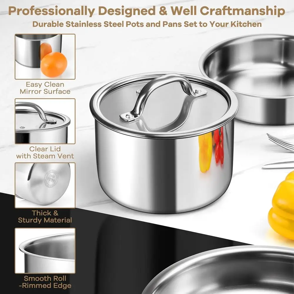 3-Ply Stainless Steel Cookware Set, 9-Piece Detachable Handle & Lid, Induction Compatible, Oven-Safe for RV & Camping