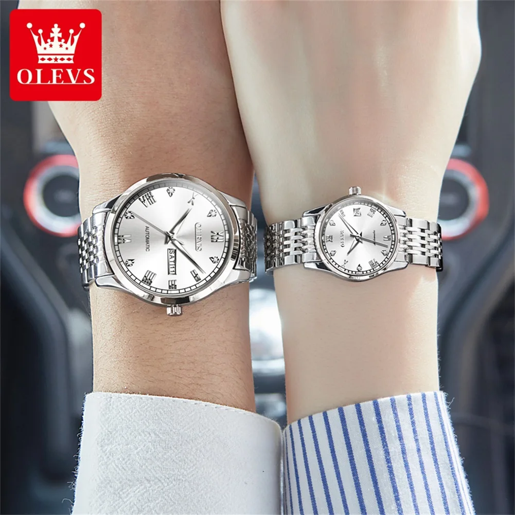 OLEVS Par de relojes automáticos para hombres y mujeres, relojes para él y para ella, conjunto de regalos, Tourbillon mecánico de cuerda automática, cara grande