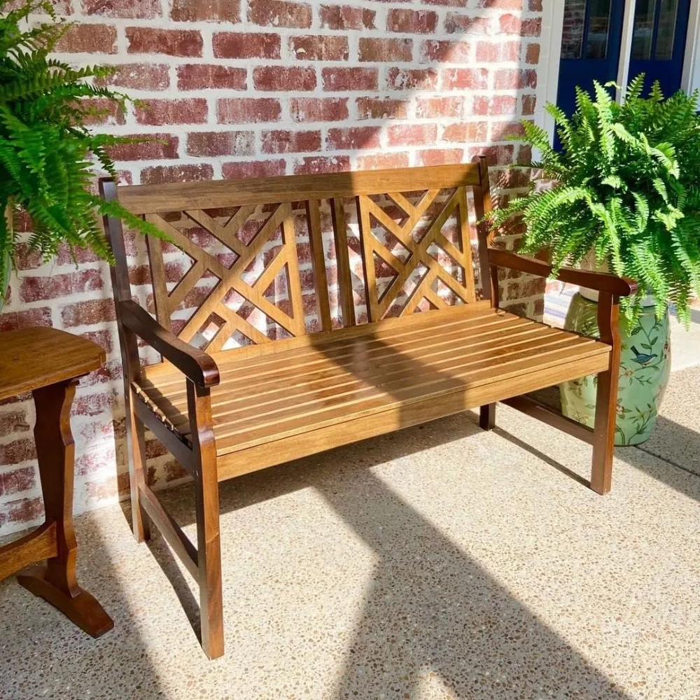 

Outdoor Garden Wooden Bench, 4 Ft Acacia Wood Bench with Curved Backrest and Armrest, 2 Seat All Weather Bench for Patio