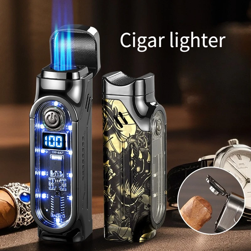 3 Jet Blue Flame Butane Gas Torch Lighter Digital Power Color Light Chip Cigar Diamond Knife Cigarette Holder USB Cigar Lighters