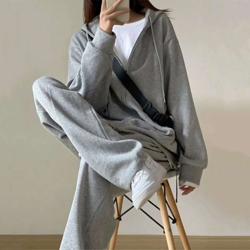 

Autumn Sweatpants Set Women White Oversize Sweatshirt With Zipper And Hood Tracksuits Set Women Two Piece Gray Sports Pants Suit