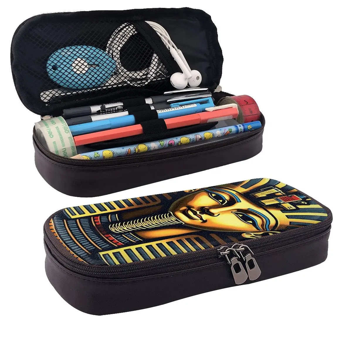 Egyptian Pharaoh With Golden Crown Illustration Leather Pencil Case Pen Holder Storage Stationery Supplies Pen Box Pencil Bag