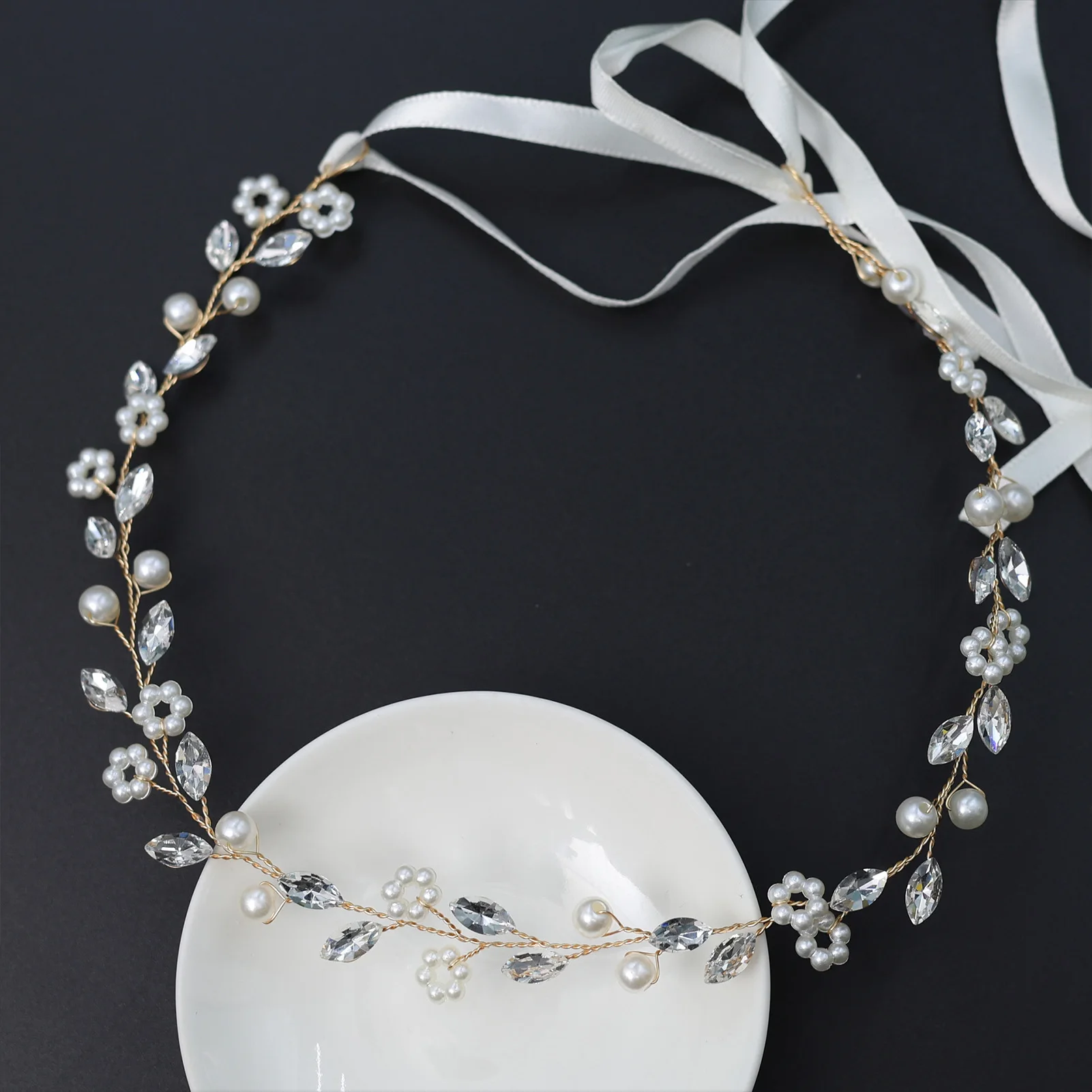 Bridal Pearl Hairband With Crystal Fashion Wedding Guest Hair Accessories Fairy Prom Headband With Ribbon Elegant Marriage Tiara