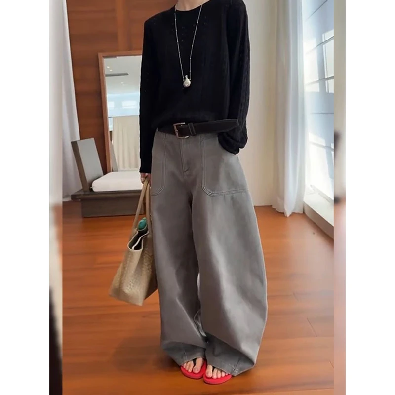 ZHIZOU Amerikaanse vintage jaren 2000 stijl hoge taille grijze jeans broek herfst dames baggy Y2K wijde pijpen denim broek vrouwelijke kleding