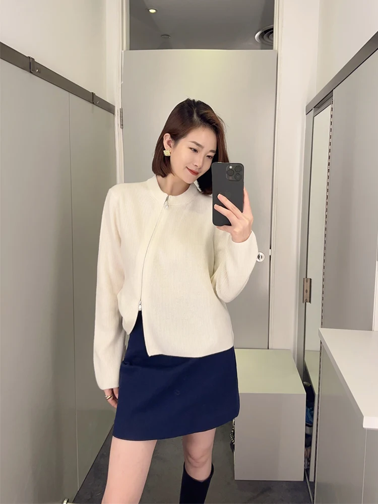 

Женский шерстяной вязаный свитер-жакет с жемчужными пуговицами в стиле барокко и двойной молнией, новинка весна-осень, модный повседневный стиль, с длинными рукавами