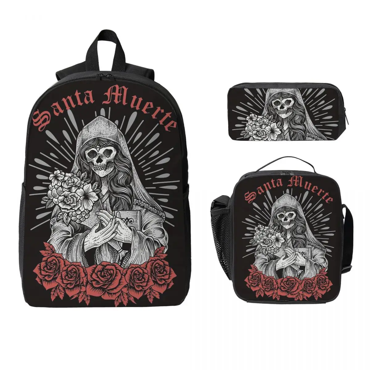 سانتا Muerte الإسبانية على ظهره طالب بنين بنات BookBag حقيبة مدرسية حقائب كتف الكمبيوتر 3ps معزول حقيبة الغداء مقلمة