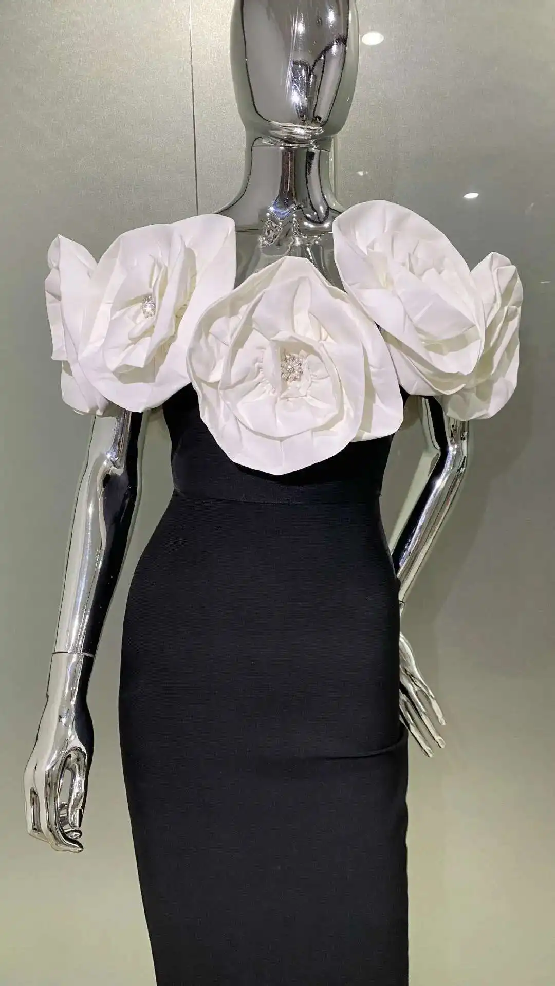 LEOSOXS Elegant Evening Club Party Dress Women Celebrity Sexy Off Shoulder Flower Diamonds Black Maxi Long Bodycon Bandage Dress