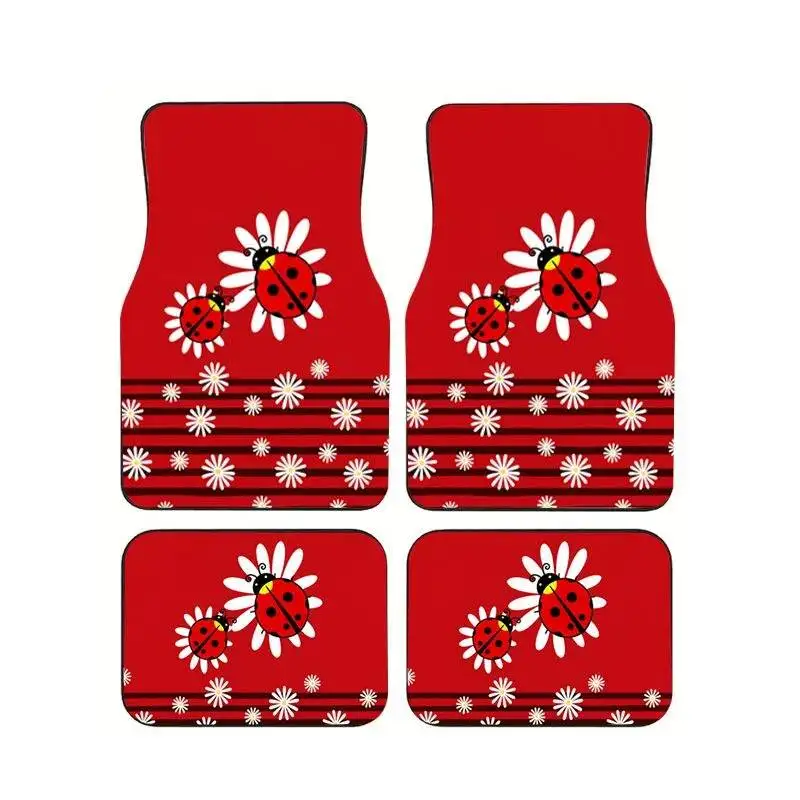 

4Pcs Ladybug Daisy Red Car Floor Mats Universal Anti-Slip Waterproof Floral Foot Liners for Women Auto Interior Sedan SUV