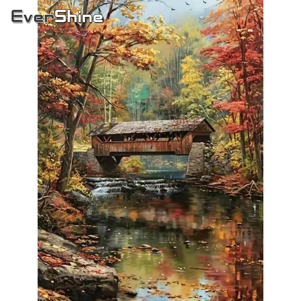 Evershine Diamantmalerei Brücke und Haus DIY Stickerei Vollquadrat Runde Diamantmosaik Landschaft Fluss Deko für Zuhause