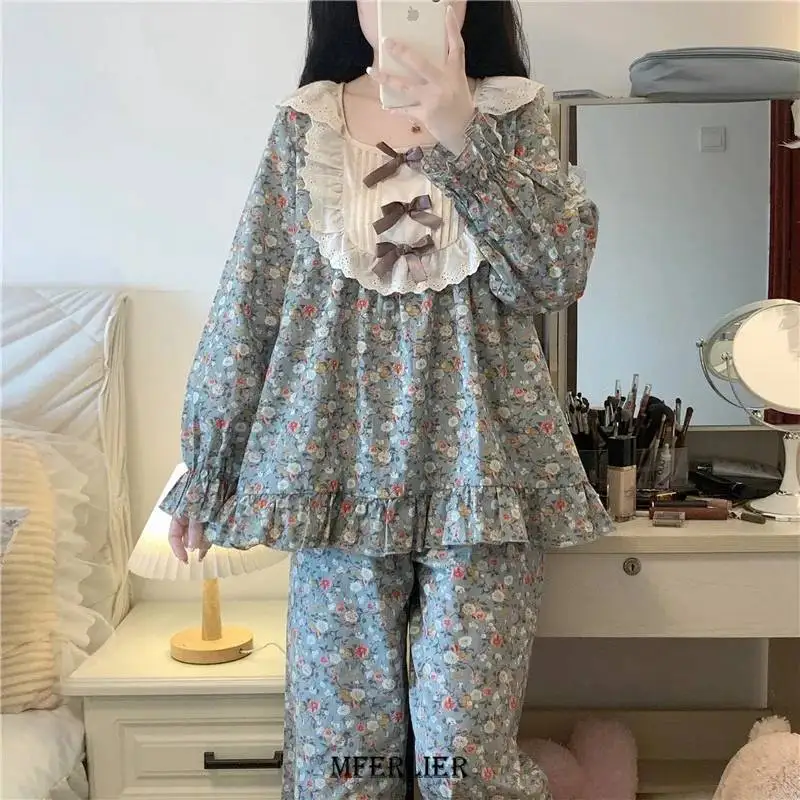 Plus Size 4XL 150KG Autumn Flower Pajamas Sets O Neck Women Long Sleeve Tops and Pants O Neck Homewear Flower Pyjama Sleepwear