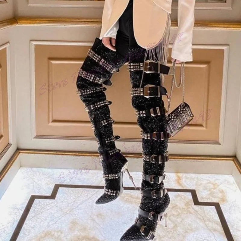 

Black Rivet Strappy Buckle Knee High Boots Pointed Toe Shoes for Women Skull High Heels Sexy Lady Shoes 2024 Zapatos Para Mujere