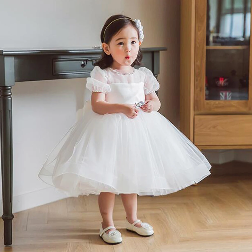 Baby Dresses Toddler White 1 Year Birthday Party Bridemaids Princess Dress for Girls Newborn Baptism Bow Wedding Clothe Vestidos