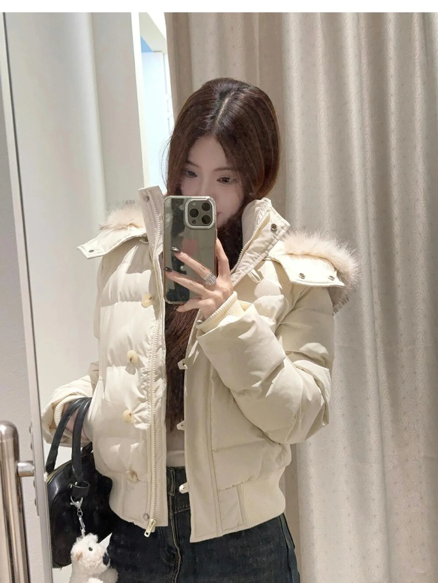 Korean Large Fur Collar Short Padded Jacket Women 2026 Winter New Thick Hooded Parkas Women Retro Zipper Button Puffer Jackets