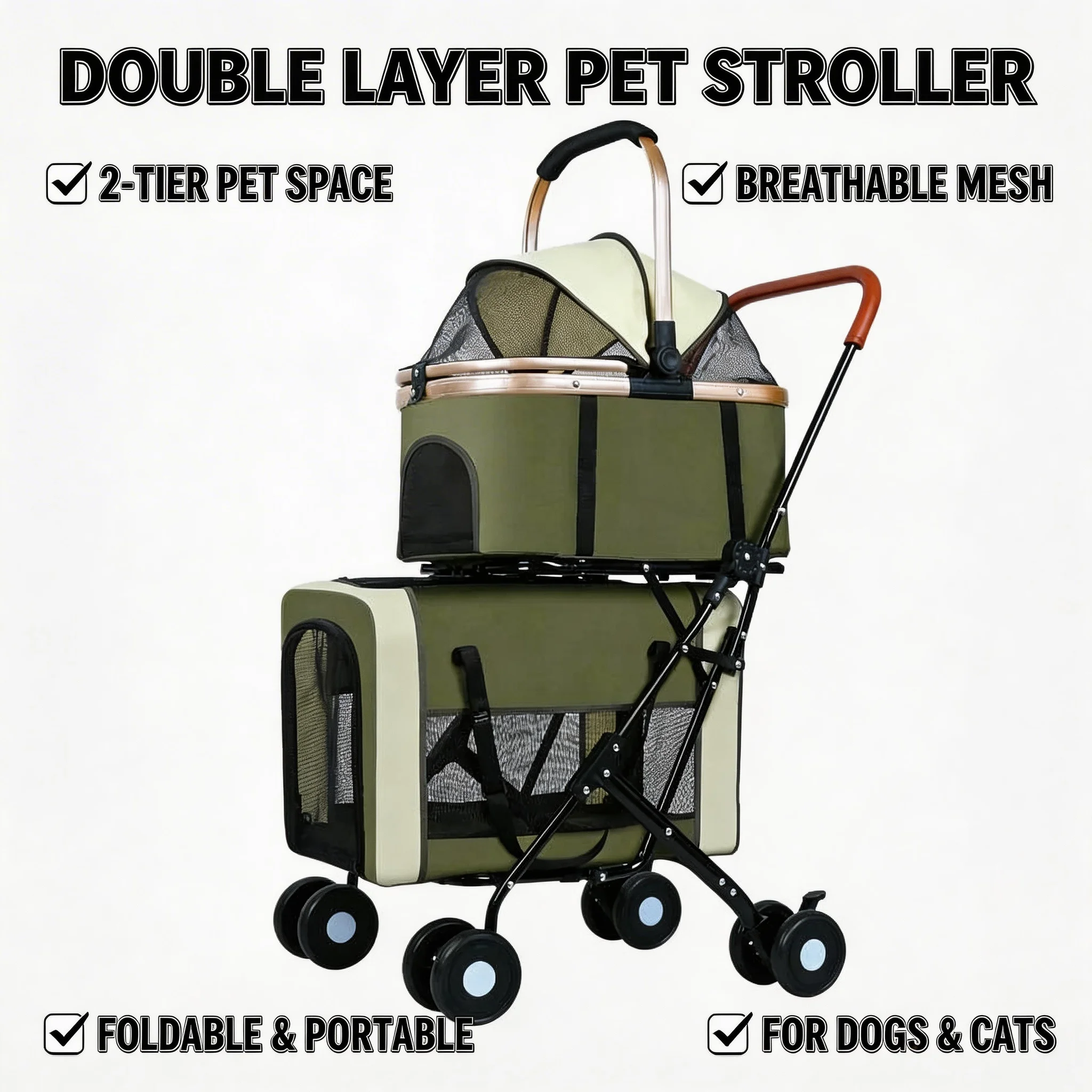 

Double Pet Stroller For Dogs Cats Foldable Travel Carriage Detachable Carriers Safety Belts 4 Lockable Wheels Shock Absorption