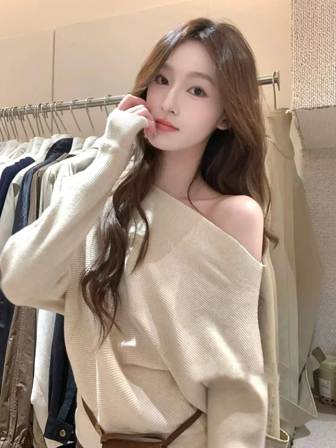 

Женский вязаный свитер с открытыми плечами, зимний свободный базовый слой, универсальный удобный длинный свитер, трикотаж oulder Sle