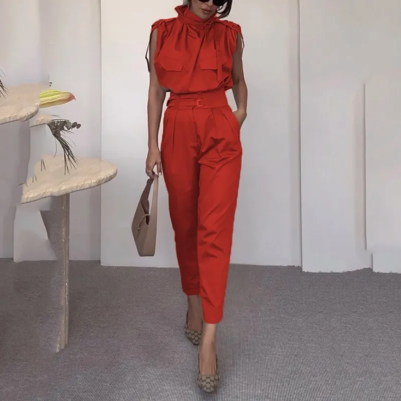Womens Matching Sets Sleeveless High Neck Romper with Pleated Pants Belted Waist Olive Green Long Jumpsuit Solid Color Wide Leg