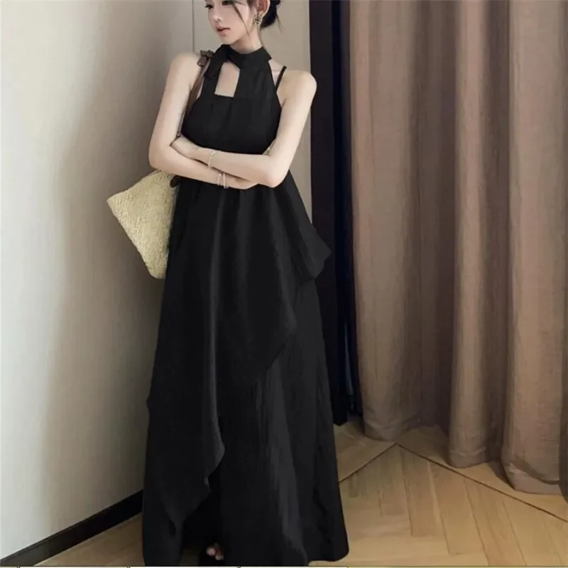 Summer Holiday Black Grey Long Dress Sets 2 Pieces Halter Irregular Vest Top&Loose Long Slip Skirt Seaside Beach Photo Dress