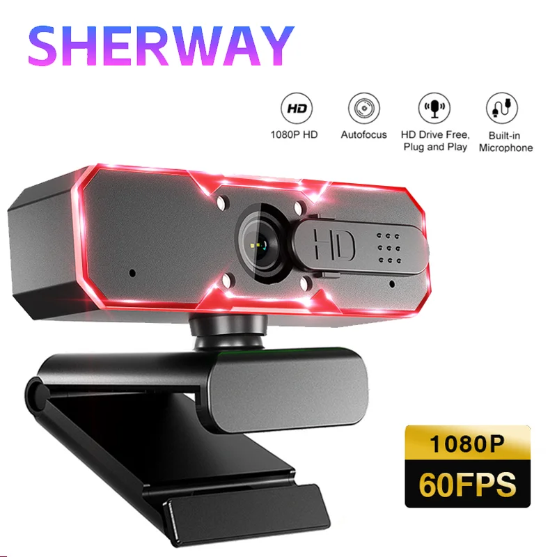 

1080P Gaming Webcam 60FPS Autofocus Fill Light Camera Privacy Cover 7 Colors RGB Fill Light Stereo for Laptop Live Streaming