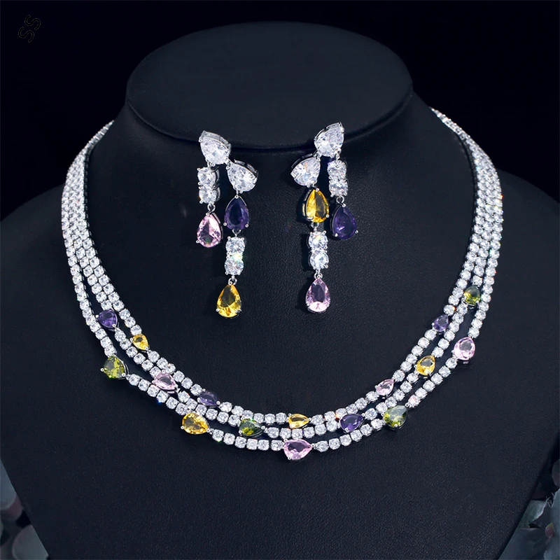 

French Light Luxury Full Diamond Dinner Dress Necklace Multi-layer Wear Zircon Water Drop Collarbone Chain Earrings 2 Piece Set