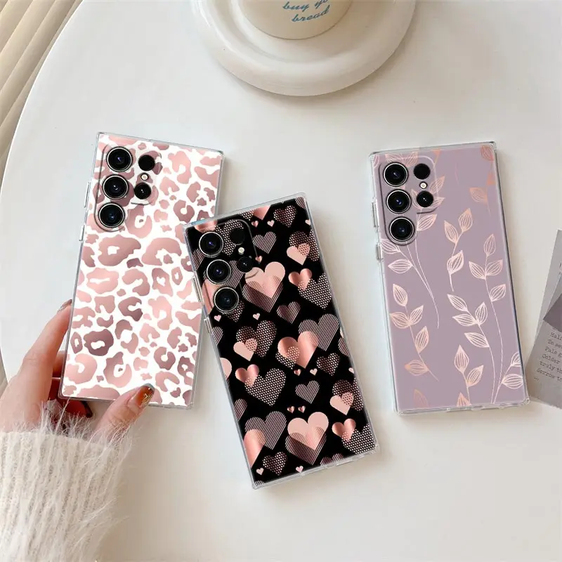 

Pink Glitter Love Grass Leaf S25Ultra Case For Samsung Galaxy S25 S24 S23 Ultra S20 S21 FE S22 Plus A56 A55 A36 A26 Phone Cover