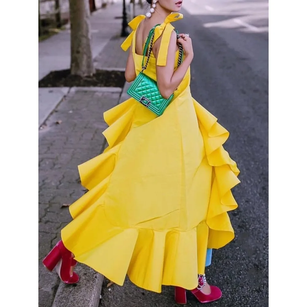 Greenora Women's Yellow Asymmetric Ruffle High-Low Tube Tops Spaghetti Strap Tie Shoulder Sleeveless Elegant Party Blouses