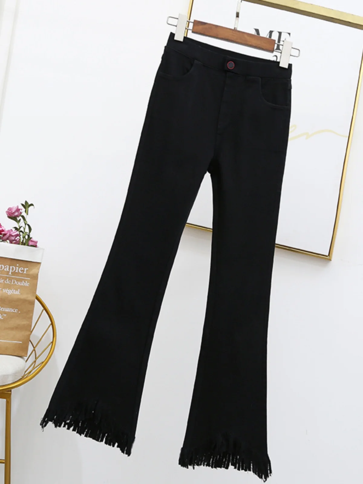 

Джинсы с высокой талией и широкими штанинами для похудения, женские, больших размеров, черные, слегко расклешенные, для повседневной носки