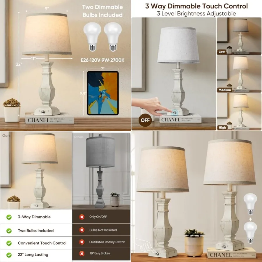 

Dimmable Table Lamps Set of 2, Rustic Farmhouse Table Lamps for Living Room Bedroom, Bedside Desk Lamps for End Tables, Touch L