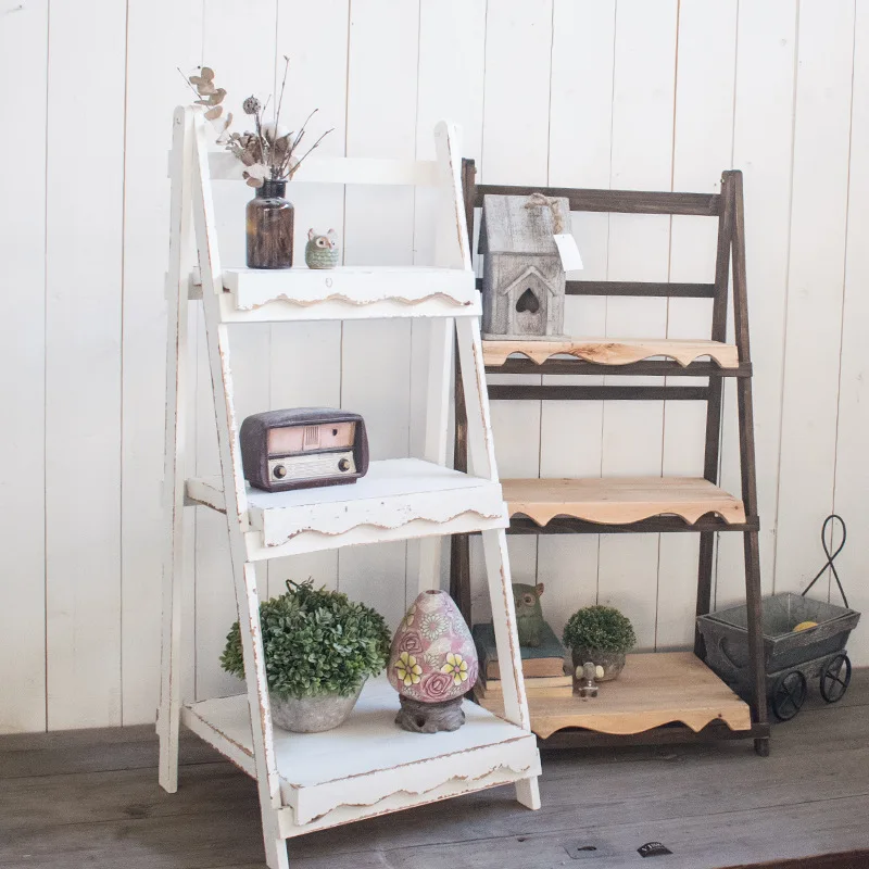 

Rural retro trapezoidal multi-layer solid wood flower stand balcony living room floor ladder succulent plant flower table