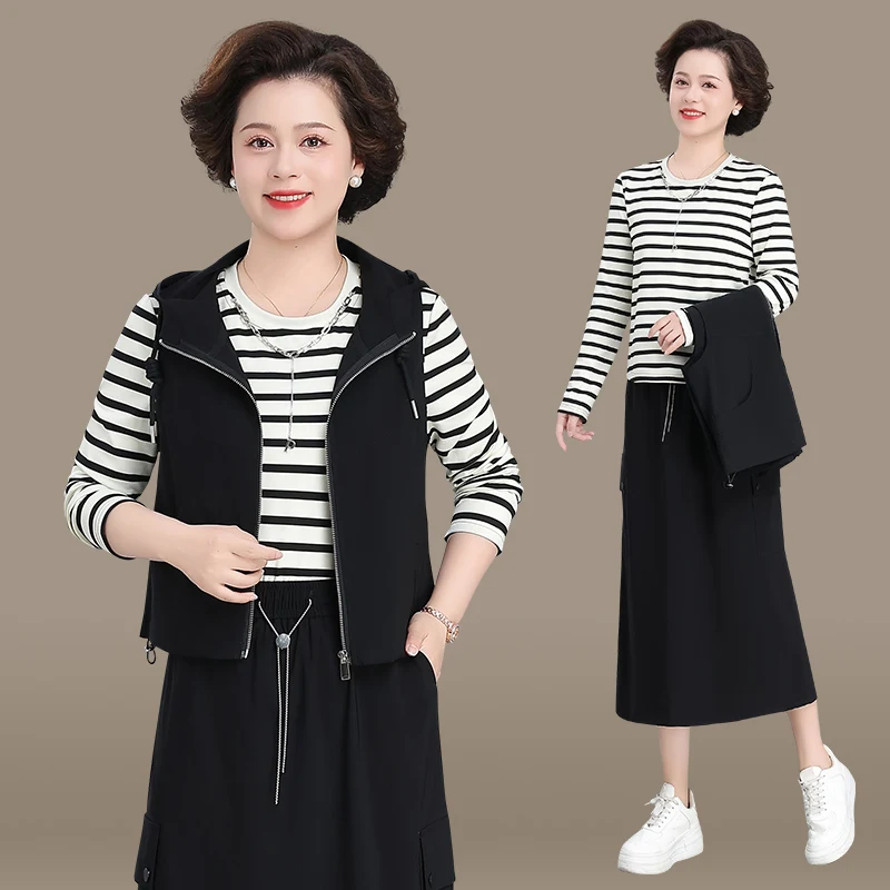 

Повседневный комплект из вязаного топа в полоску и юбки для женщин: осенняя модная одежда для мам, V-образный вырез, длинный рукав, смесовая ткань из полиэстера